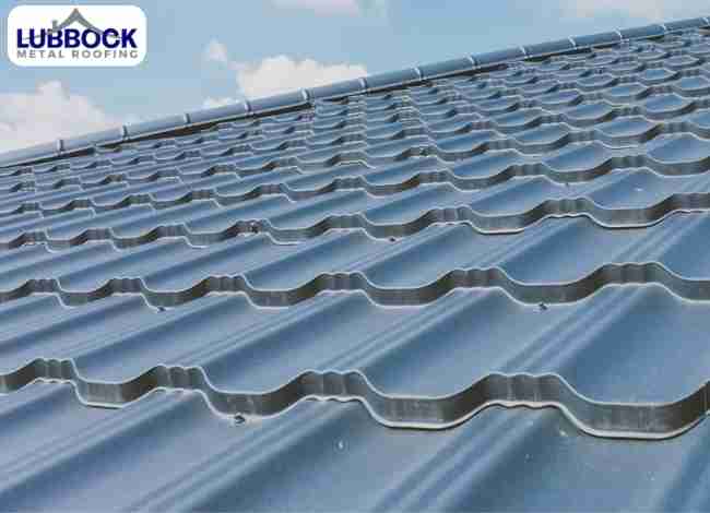 Close-up of corrugated metal roof panels exterior